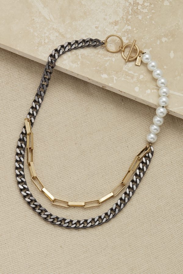 Envy Matt Grey & Gold Link Layer Necklace with Pearls