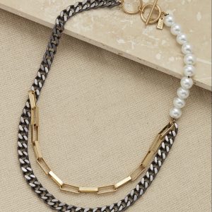 Envy Matt Grey & Gold Link Layer Necklace with Pearls