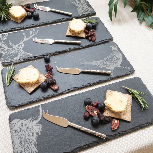 Mini Country Animals Slate Cheese Board & 4 Knife Set