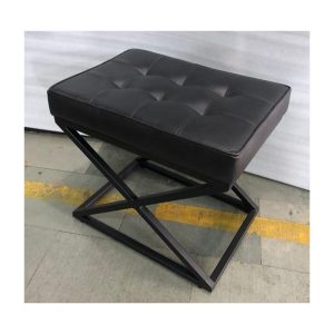 Brown Leather Footstool with Iron Legs