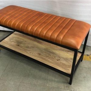 Recycled Leather Bench with Wooden Shelf