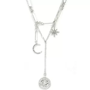 Long Silver Celestial Moon & Star Layered Necklace with Coin Pendant