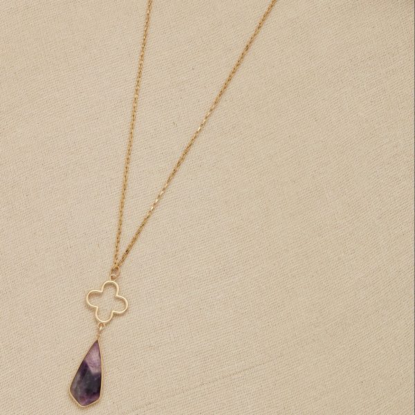 Long Gold Necklace with Purple Semi Precious Pendant