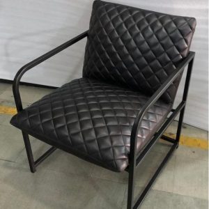 Black Leather Quilted Chair with Metal Arms