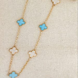 Long Gold Necklace with Blue and Diamante Clover Detail