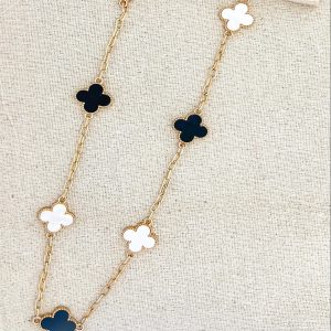 Long Gold Necklace with Black and White Clover Detail