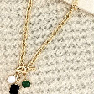 Chain Link Short Necklace with Different Colored Pendants