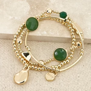 Gold Triple Layer Bracelet with Green Glass Beads