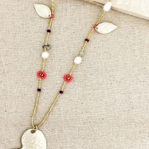Gold Heart Necklace with Coral Flower & Leaf Charm