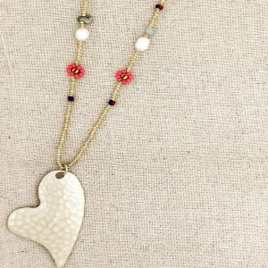 Gold Heart Necklace with Coral Flower & Leaf Charm