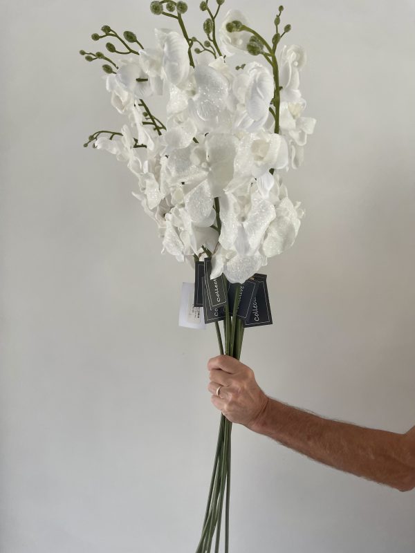 Artificial White Glitter Fabric Orchid Stem