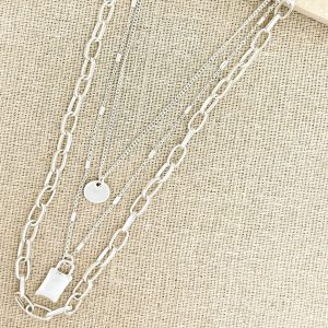 Short Silver Triple Layer Necklace with Alloy Square Pendant
