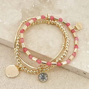 Envy Gold Alloy Bracelet with Pink Semi Precious Stone Beads
