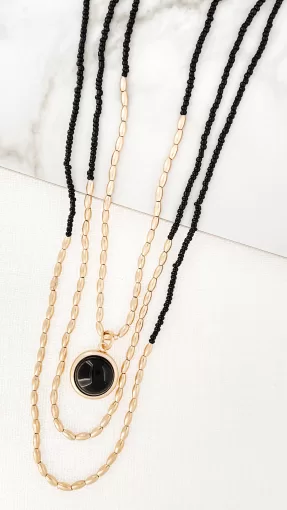 Gold & Black Layered Necklace with Black Stone Pendant