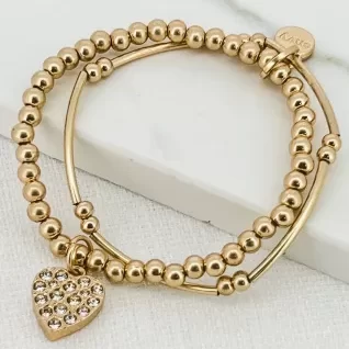 Gold 2 Layer Beaded Bracelet with Diamante Heart