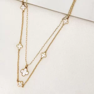 Gold & White 2 Layer Multi Fleur Necklace