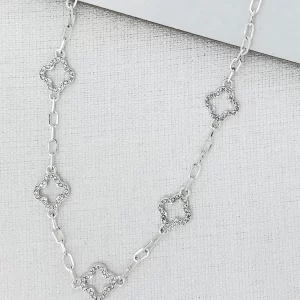 Silver Multi Diamante Open Fleur Necklace