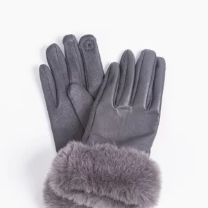 Grey Faux Leather Gloves With Fur Cuff