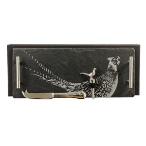 Pheasant Engraved Slate Tray, Cheese Knife & Bottle Stop Gift Set