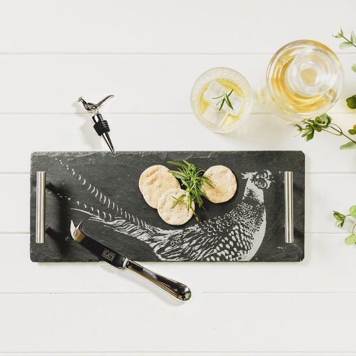 Pheasant Engraved Slate Tray, Cheese Knife & Bottle Stop Gift Set