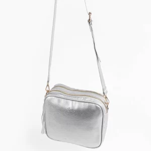 Silver Double Zip Vegan Leather Camera Bag