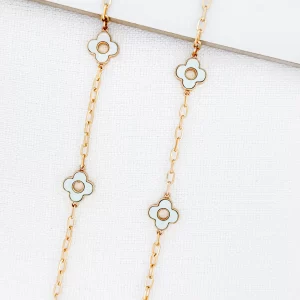 Long Gold & Pearl Green Fleur Necklace