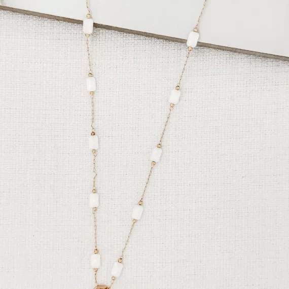Long Gold & White Bead Necklace with White Stone Pendant