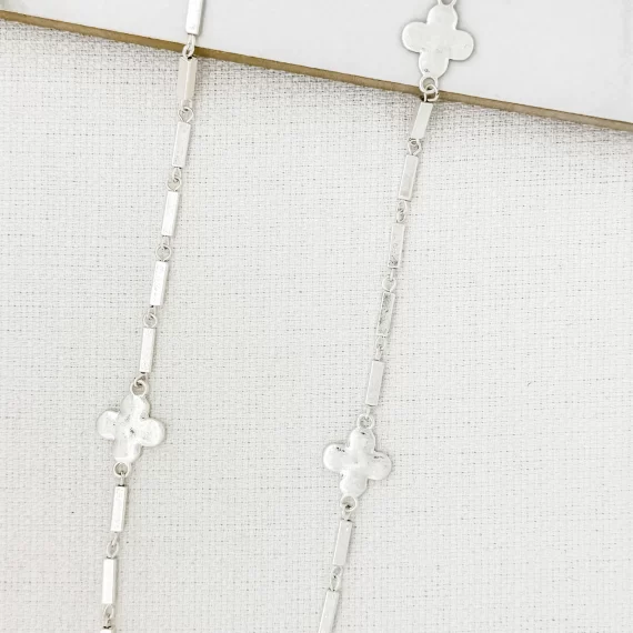 Long Worn Silver Necklace with Silver Fleurs