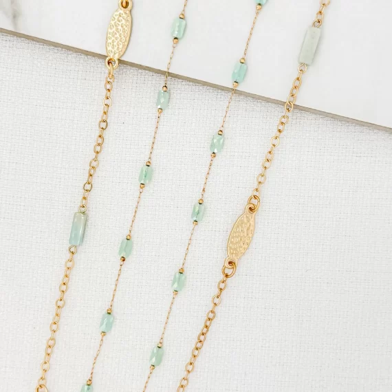 Double Layer Necklace with Battered Gold Ovals and Green Stones