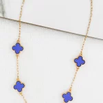 Short Gold Necklace with 5 Blue Fleurs