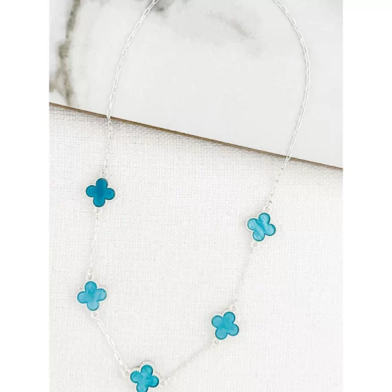 Short Silver Necklace with 5 Turquoise Fleurs