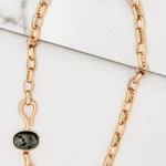 Short Gold Necklace with Grey Stone T-Bar Fastening