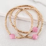 Gold Triple Layer Bracelet with Semi Precious Pink Fleurs