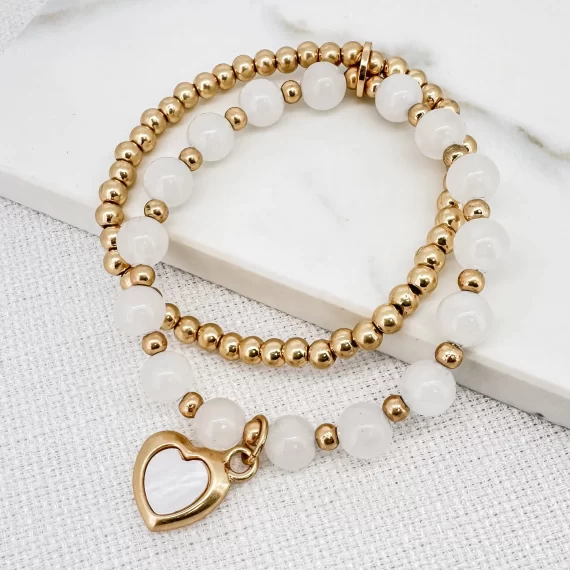 Double Layer Gold & White Bead Bracelet with Heart Charm