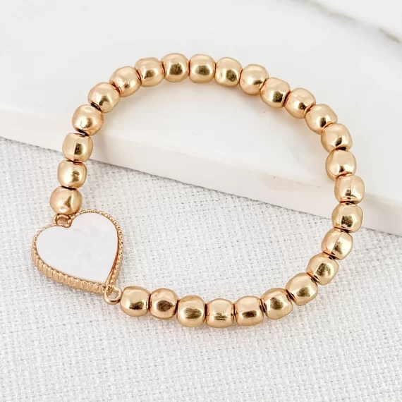 Gold Bead Stretch Bracelet with White Heart