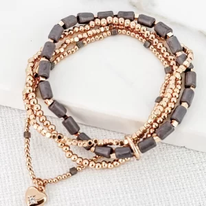 Gold & Grey Bead Bracelet with Heart Charm