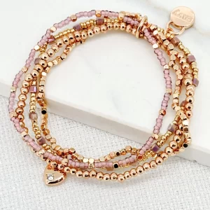 Gold & Pink Bead Bracelet with Heart Charm