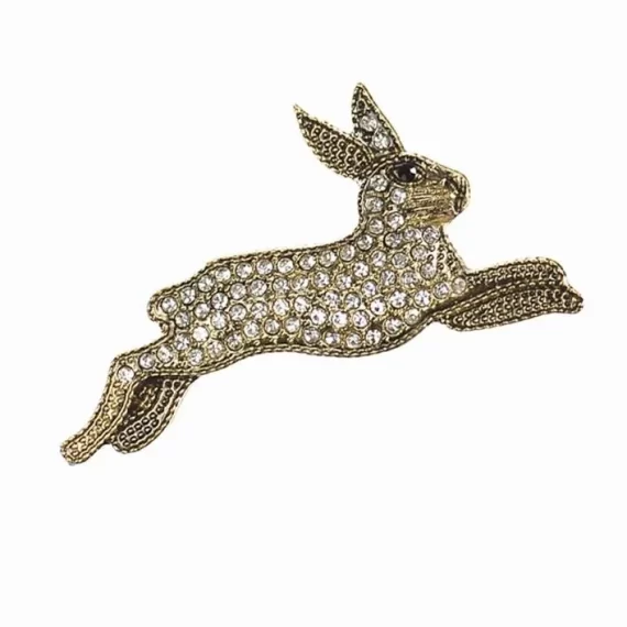 Leaping Hare Brooch Antique Gold / Clear