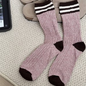 Pink Striped Retro Thick Stitched Socks