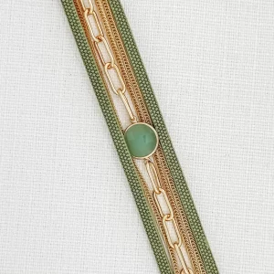 Green Faux Leather & Gold Chain Multi Strand Bracelet