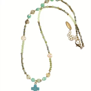 Turquoise Crystal & Cross Stone & Pearl Necklace