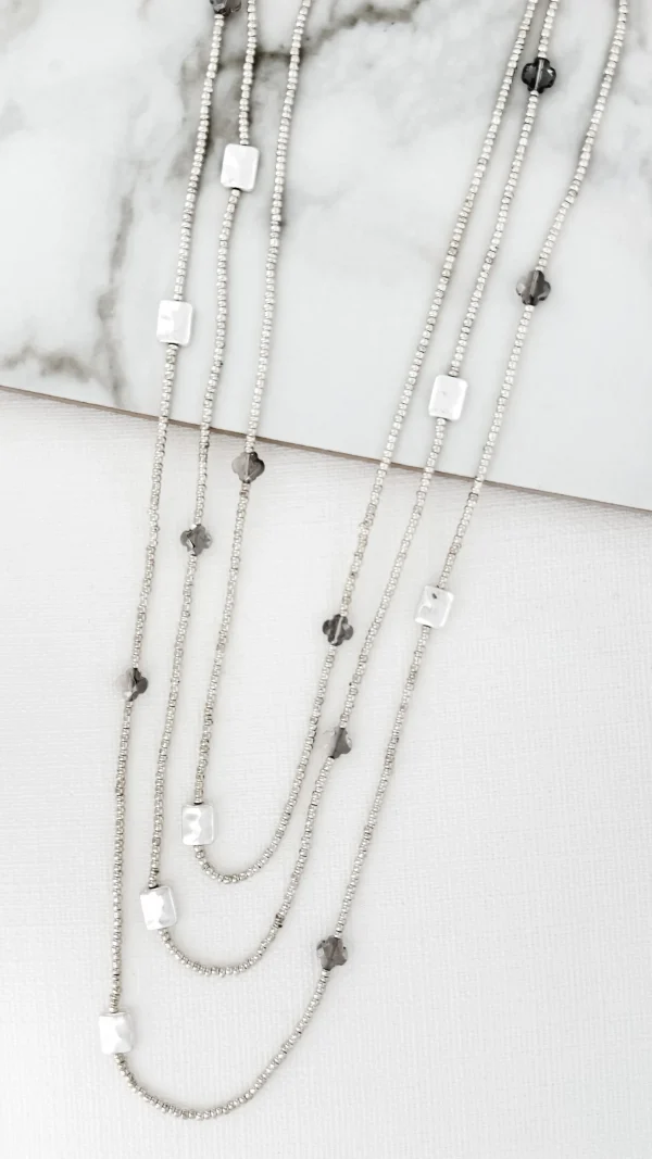 Silver Seed Bead Layered Necklace with Grey Fleur Pendants
