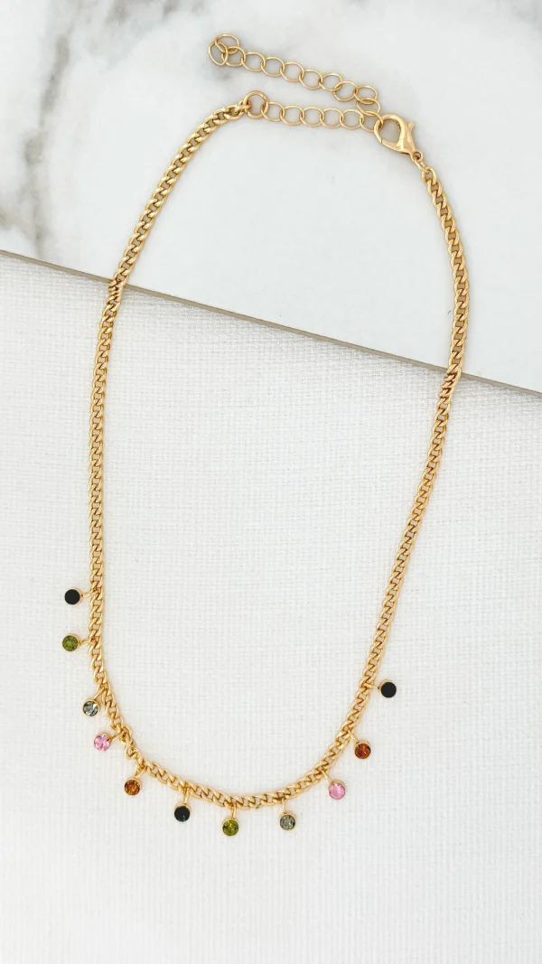 Short Gold Necklace with Multi Colour Crystal Droppers